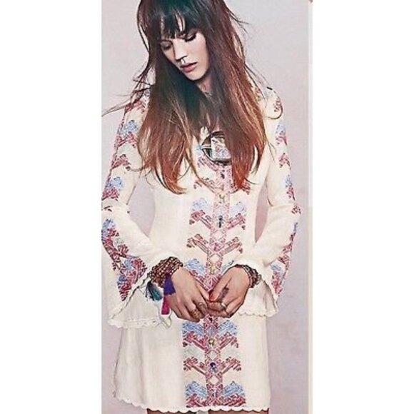 Free People Dresses & Skirts - RARE Vintage Free People Embroidered Bell Sleeve Hippie Boho Mini Dress